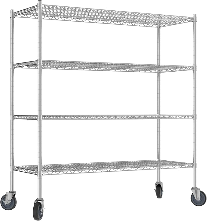 Commercial NSF Listed Chrome Mobile Wire Shelving Kit 21" x 54" x 60", with 4 Shelves Perfect for Warehouse, Walk-in Refrigerator, Freezer, Grocery Store, Restaurant, Dishroom