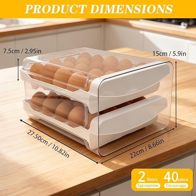 Egg Holder for Refrigerator 2 Tier Clear Stackable Egg Tray with Drawer Space Saving Eggs Storage Container with Handles for Countertop Kitchen Baking (40 Eggs)