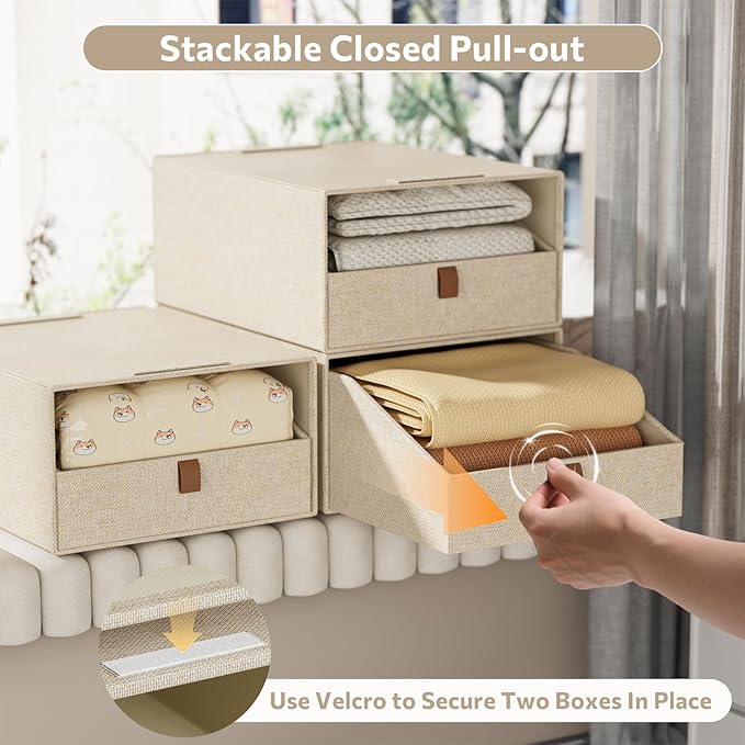 4-Pack Storage Bins with Drawers Large Closet Organizers and Storage Stackable Fabric Clothes Storage Box Collapsible Closet Drawers Organizer for Bedroom Living Room Under Bed (Beige, 21L*4)