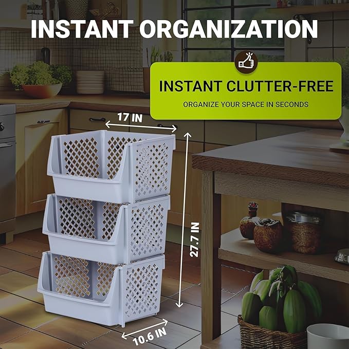 Skywin TidyFriend 6 Pack XLarge Plastic Stackable Storage Bins Open Front for Pantry Organizers and Storage, Pantry Storage for Kitchen and Home Organization, Dorm Room Essentials (Light Grey)