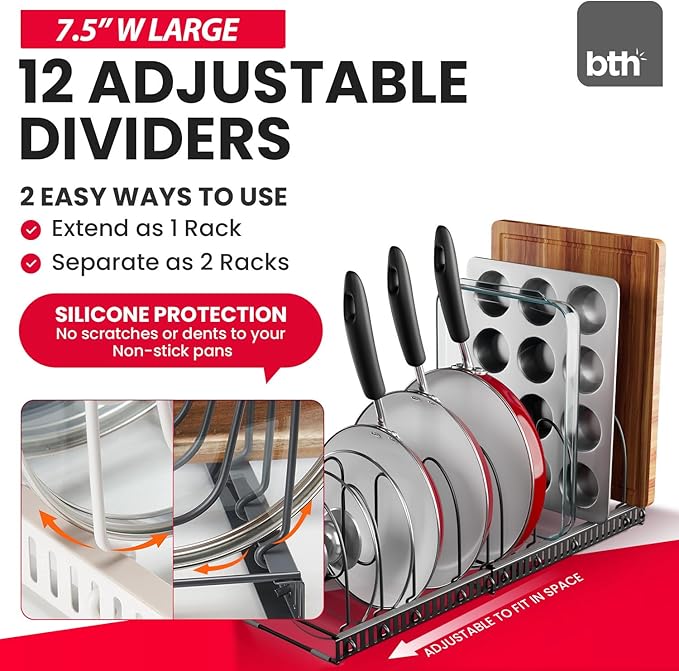 Better Things Home BTH 12-Slot Adjustable Pan and Pot Lid Organizer with Scratch-Free Pads, Expandable Pot Lid Holder Rack for Cabinet, Pots and Pans Organizer Inside Cabinet