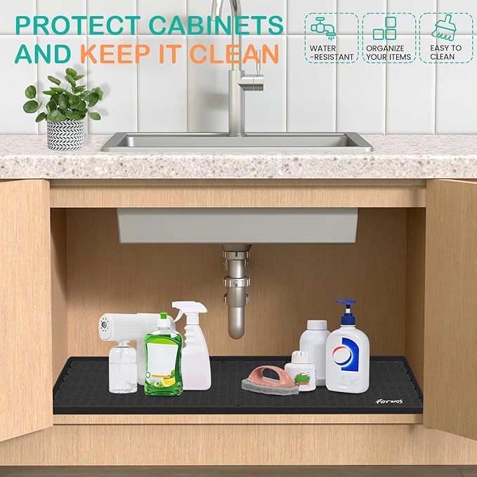 FORWOS Waterproof Under Sink Mat 34" x 22", Silicone Cabinet Liner, Rubber Protector for Kitchen and Bathroom, Keeps Cabinets Clean, Dry, and Organized (Black)
