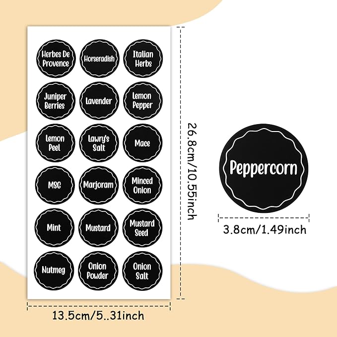 144pcs 1.5 Inch Preprinted Round Spice Jar Labels, Chalkboard Waterproof Oil Resistant, Kitchen Pantry Organization (Including 9 Blank Labels)