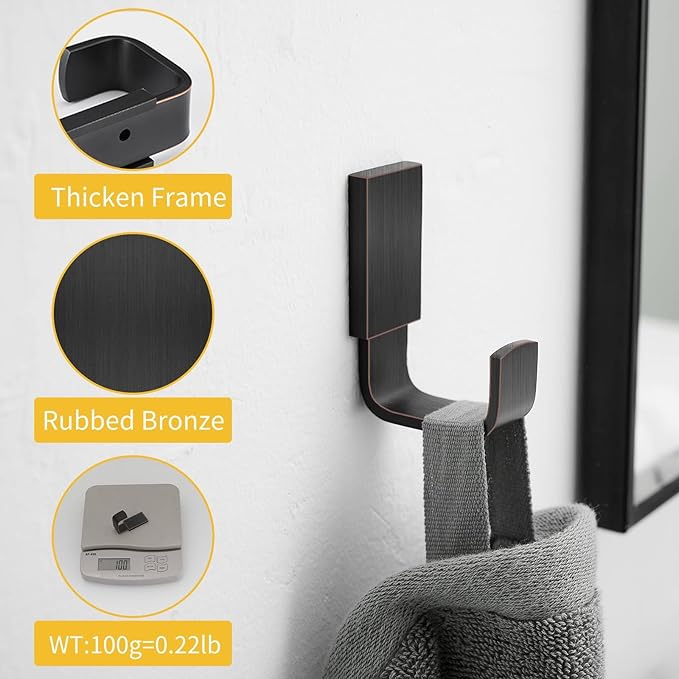 BESy Brass Clothes Hook Single Towel Hook for Bathroom Kitchen Garage Square Style Robe Hooks Coat and Hat Hook, Self Adhesive or Wall Mounted with Screws, Two Packs, Oil Rubbed Bronze