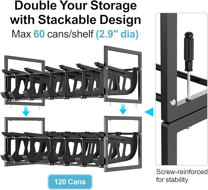 iSPECLE Can Organizer for Pantry with Adjustable Dividers, Fit Various Food Cans Sizes, Hold 60 Cans Auto Rolling Easy Access, Extendable Can Storage Organizer Better Fit Pantry Shelf Space, Black