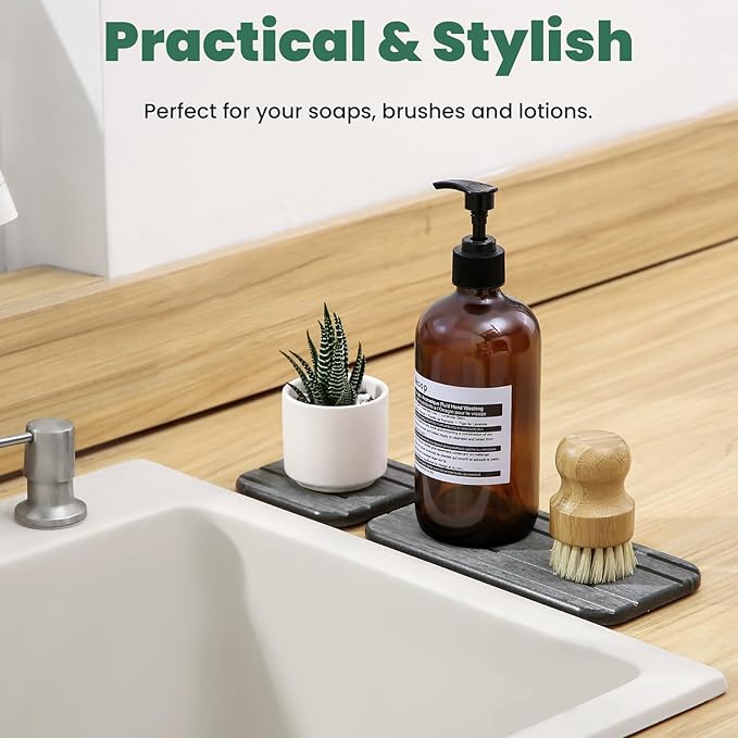 3PCS Water Absorbing Diatomaceous Earth Tray for Sink, Fast Drying Soap & Toothbrush Holders for Bathroom Counter, 1 Stone Tray, 2 Stone Coasters
