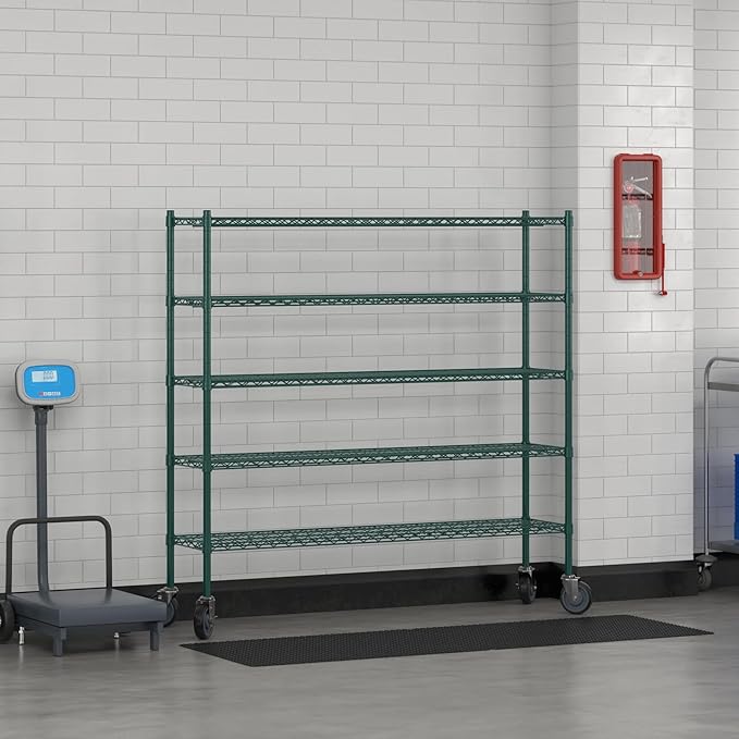 Commercial NSF Listed Green Epoxy Mobile Wire Shelving Kit 14" x 60" x 60", with 5 Shelves Perfect for Warehouse, Walk-in Refrigerator, Freezer, Grocery Store, Restaurant, Dishroom