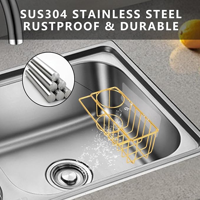 3-in-1 Adhesive Sink Caddy Kitchen Sink Organizer,Stainless Steel Sponge and Brush Holder for Kitchen Sink,Suitable for Sponges,Dish Cloth,Scrubbers, Soap, Kitchen, Bathroom.Gold