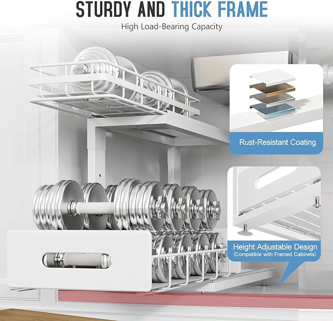 2 Pack 16.7 IN Depth Under Sink Organizer with Smooth Ball Bearing Slides,2-Tier Pull Out Cabinet Storage,Slide Out Drawers for Bathroom&Kitchen,Rust-resistant Coating,Height Adjustable-White
