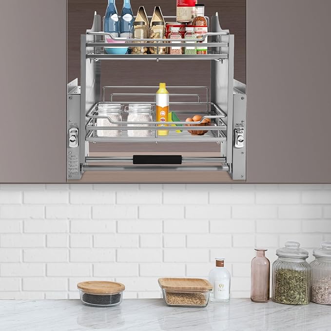 Blind Corner Cabinet Pull Out,2 Tier Kitchen Corner Cabinet Pull-Down,Pull-Down Dish Rack with 4-Speed Adjustable Rebound Force,Pull-Out Home Organizers