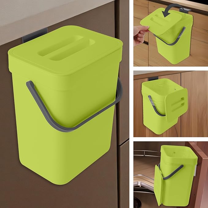 Compost Bin Kitchen, Includes 100 Trash Bags, Hanging Trash Can with Lid, Features Pet-Proof, Odor-Proof, and Quiet Opening/Closing. Suitable for Bathrooms/Bedrooms/Offices (Green, 0.8Gal/3L)