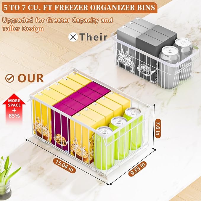 Large Freezer Organizer Bins, Upgrade One-Touch Open/Close, 3 Pack Big Stackable Deep Freezer Organizer Bins, White Wire Foldable Baskets with Handles, for 5 to 7 Cu.FT Deep Freezer Sort Frozen Meats