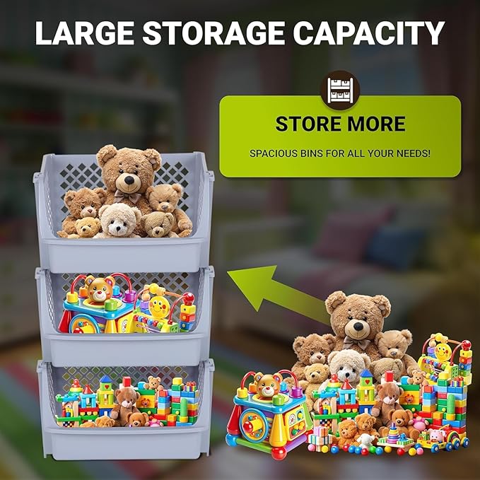 Skywin TidyFriend 6 Pack XLarge Plastic Stackable Storage Bins Open Front for Pantry Organizers and Storage, Pantry Storage for Kitchen and Home Organization, Dorm Room Essentials (Light Grey)