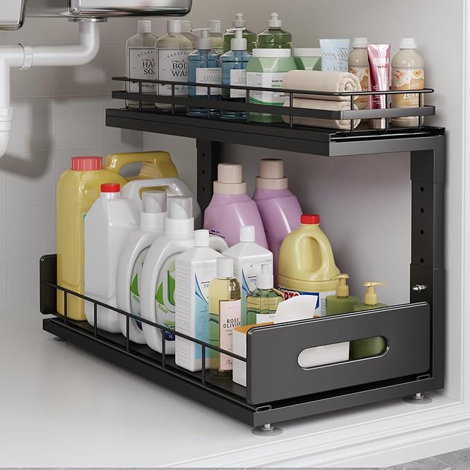 1 Pack 18 IN Depth Under Sink Organizer with Smooth Ball Bearing Slides,2-Tier Pull Out Cabinet Storage,Slide Out Drawers for Bathroom&Kitchen,Rust-resistant Coating,Height Adjustable-Black