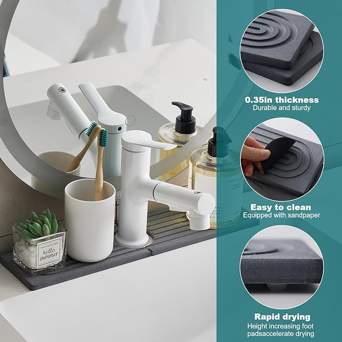 ODE TO ORDER Stone Faucet Mat for Kitchen Sink Bathroom Counter. 15.7 Inch Dark Grey Diatomite Water-Absorbing Drying Stone Mat, Sink Stone Tray Protector,Prevent Moisture Sink Splash Guard