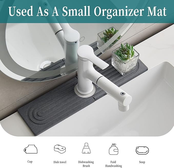 ODE TO ORDER Stone Faucet Mat for Kitchen Sink Bathroom Counter. 15.7 Inch Dark Grey Diatomite Water-Absorbing Drying Stone Mat, Sink Stone Tray Protector,Prevent Moisture Sink Splash Guard