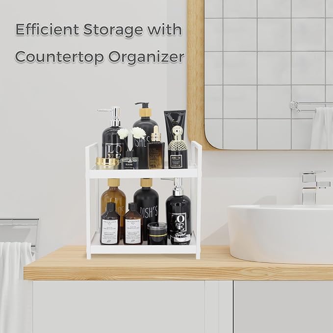 2-Tier Countertop Organizer for Bathroom – Cosmetic Organizer Rack and Storage Shelf for Bedrooms, Offices, Kitchen Counters, and Under Sinks (White)