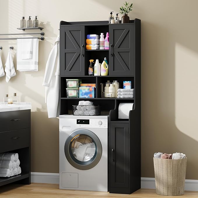 Over The Toilet Storage Cabinet, Bathroom Over Toilet Storage Organizer with Barn Doors and Paper Holder Stand Farmhouse Space Saving Rack Cabinet with Adjustable Shelves for Bathroom, Laundry (Black)