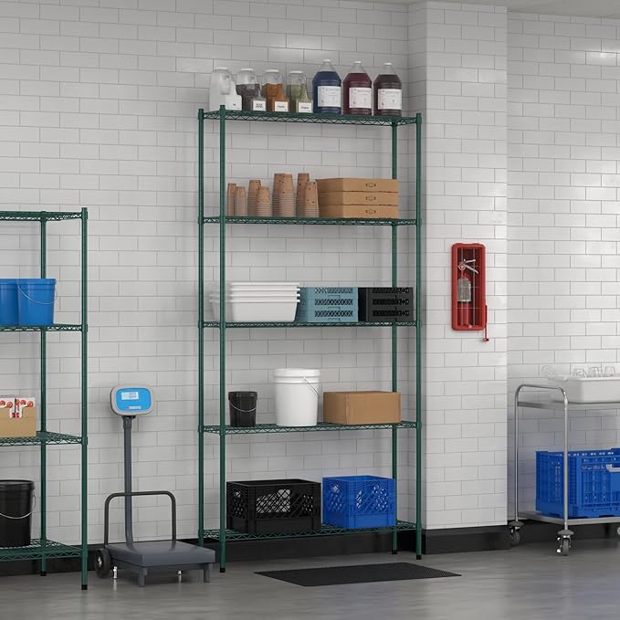 Commercial NSF Listed Green Epoxy Stationary Wire Shelving Kit 12" x 48" x 96", with 5 Shelves Perfect for Warehouse, Walk-in Refrigerator, Freezer, Grocery Store, Restaurant, Dishroom