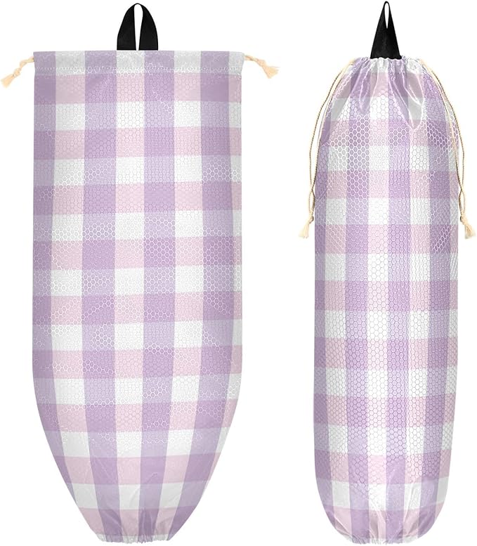 Plastic Bag Holder Wall Mount Grocery Bag Shopping Bag Storage Holder Organizer Dispenser with Adhesive Hook,for Kitchen Bathroom Home Decor 9x22inches Purple Plaid Pattern