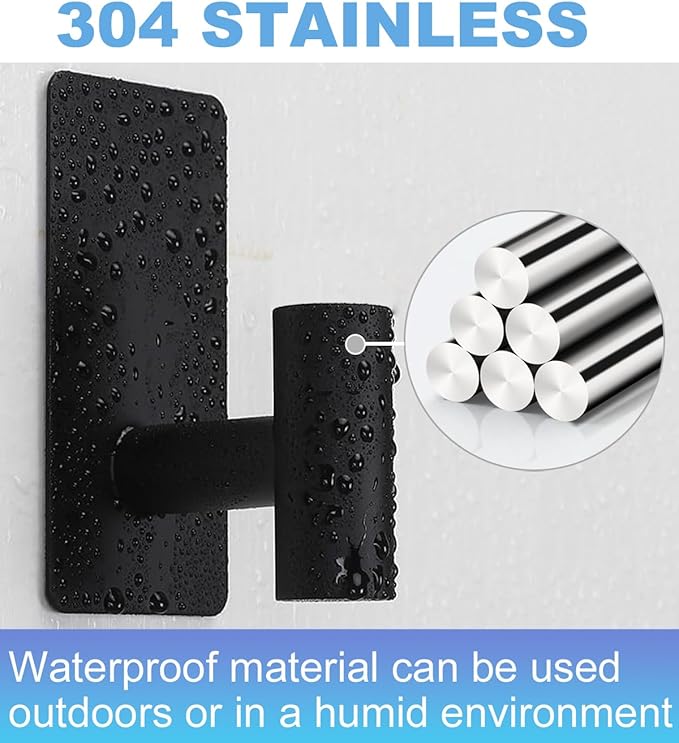 5 Pcs Towel Hooks Heavy Duty for Hanging，Adhesive Wall Hooks with Removable Strips，Sticky No Damage，Outdoor for Bathrooms，Shower，Stockings，Decor，Robe，X-Large，Black 304 Stainless Steel
