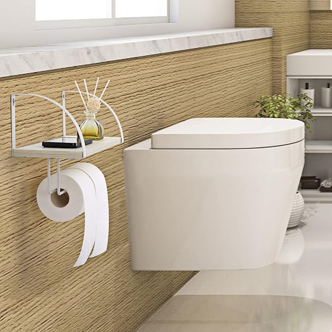 BTY Paper Towel Holder with Shelf Farmhouse Paper Towel Holder Wall Mount Spice Rack Wood Storage Shelf with Paper Towel Roll Holder for Kitchen Pantry Bathroom White