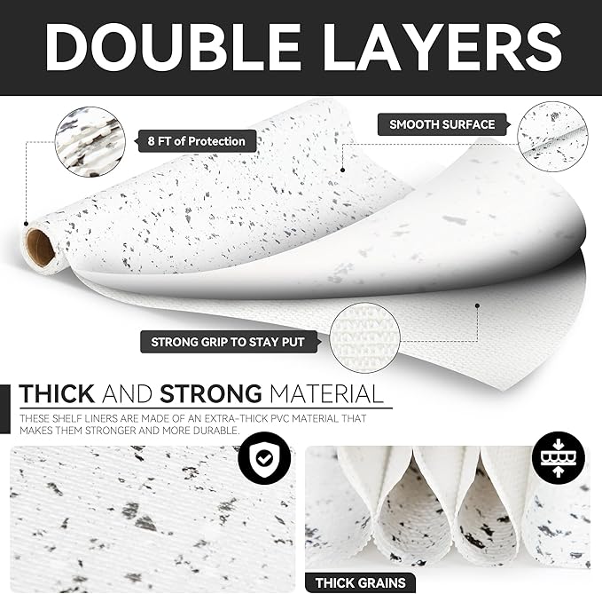 RAY STAR Shelf Liners for Kitchen Cabinets Non-Adhesive, 12 Inch x 10 Feet Trimmable Terrazzo Speckled White Shelf Liner Non Slip Vanity Cabinet Liner Refrigerator Cupboard Pantry Liner Marble
