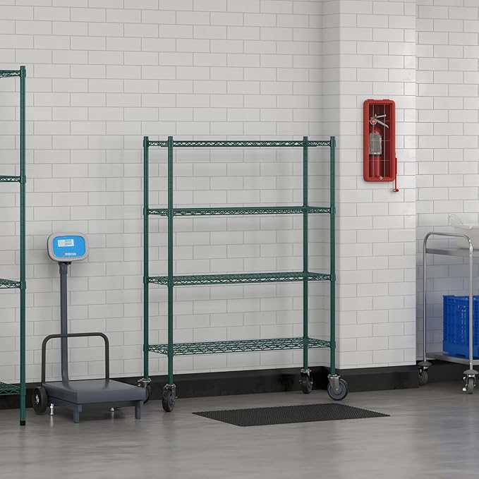 Commercial NSF Listed Green Epoxy Mobile Wire Shelving Kit 14" x 42" x 60", with 4 Shelves Perfect for Warehouse, Walk-in Refrigerator, Freezer, Grocery Store, Restaurant, Dishroom