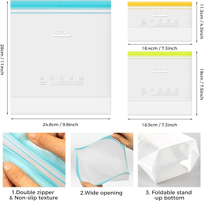 SPLF 20 Pack Reusable Snack Bags Dishwasher Microwave Safe, BPA Free Extra Thick Leakproof Reusable Food Storage Bags Silicone Free Snack Pouch Freezer Bags Fridge Organization