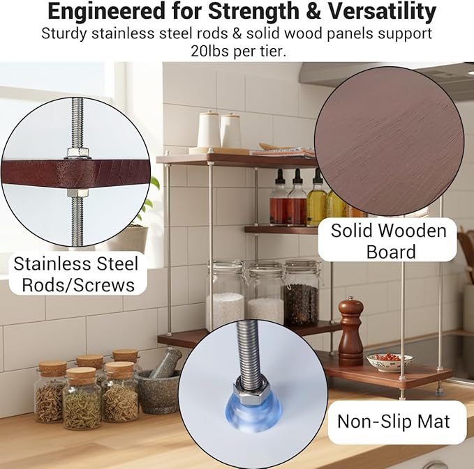 VINIUSIKI DIY Hight-Adjustable 4 Tier L-Shaped Countertop Shelf Organizer, Kitchen Spice Rack for Countertop, Wood Coffee Counter Shelf Organizer for Home - 15.7"x15.7"x16.14" (LxWxH)