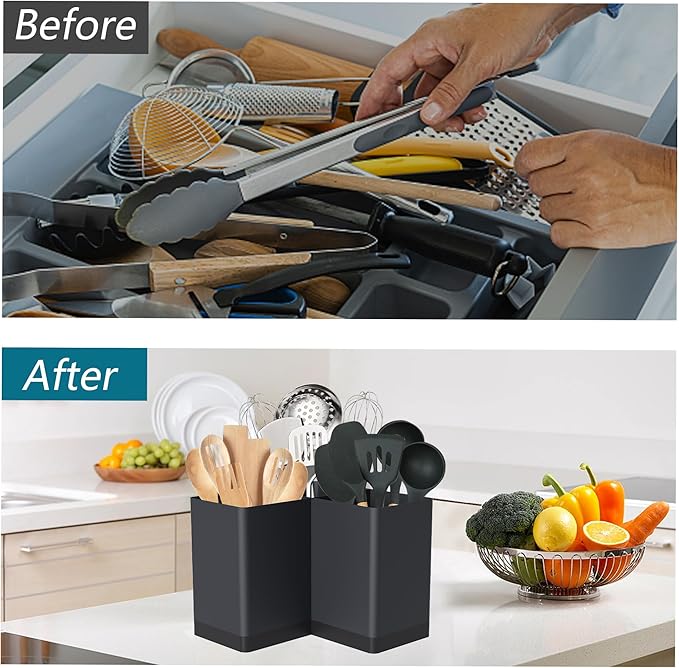 Suli Utensil holder, Kitchen Utensil Organizer for Corner Countertop,Extra Large Silverware Organizer with 3 Compartments,Farmhouse Decor, Iron, Black