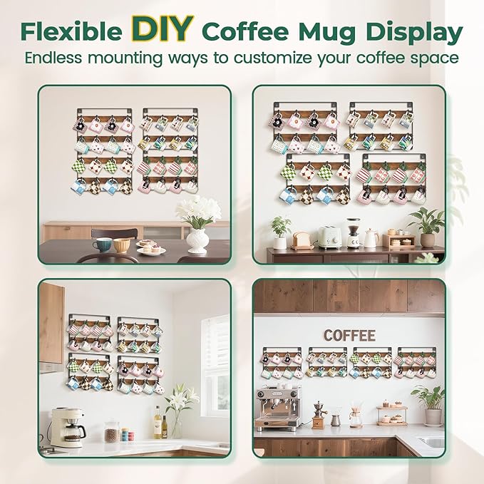 EsLuker.ly Mug Holder Hanger Rack Wall Mounted Wooden 4 Pack Coffee Cup Storage Organizer Display Shelf with 32 Removable Plastic Hooks, Ideal for Mug Collectors