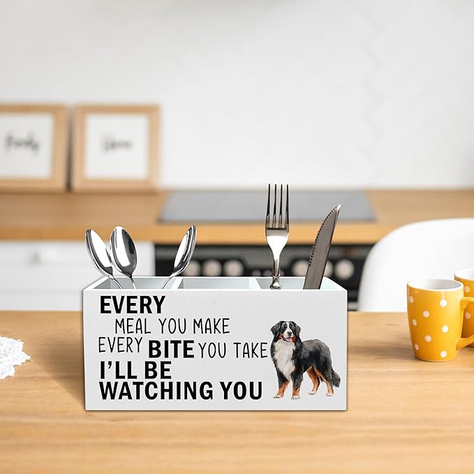 Bernese Mountain Dog Kitchen Utensil Holder for Countertop, Dog Decorative Lover Gifts, Funny Every Meal You Make Every Bite You Take Wooden Utensil Holder Organizer for Kitchen Table Decor