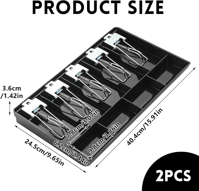 QTLCOHD 2 Pcs Cash Register Drawer Insert Tray 4 Coin/5 Bill Coin Compartments Money Drawer Organizer with Plastic Clip for Money Storage, Bills, Cash, Small Business