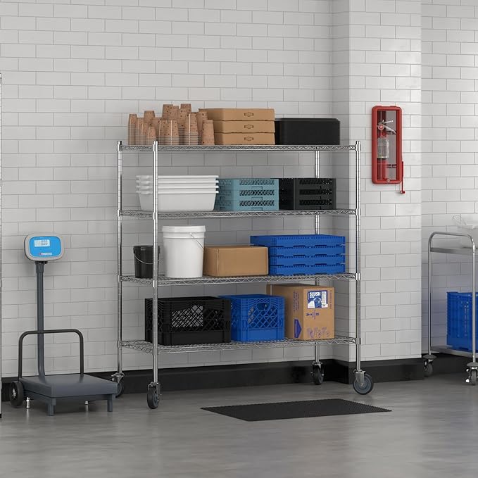 Commercial NSF Listed Chrome Mobile Wire Shelving Kit 21" x 54" x 60", with 4 Shelves Perfect for Warehouse, Walk-in Refrigerator, Freezer, Grocery Store, Restaurant, Dishroom