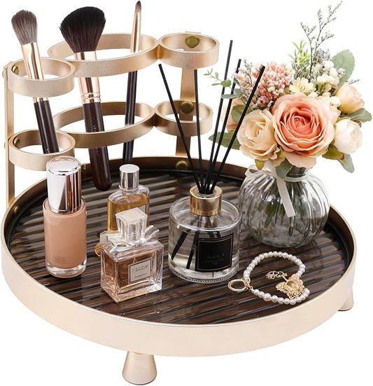 YUPER Round Metel Bathroom Tray Dresser Counter Decor Vanity Organizer Decorative Coffee Table Tray for Perfume, Candle, Soap Dish, Toothbrush, 9 Inch, Gold