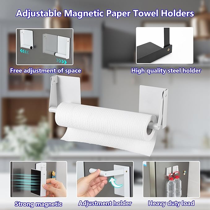 Magnetic Adjustable Paper Towel Holder,Upgrade Heavy Duty Steel with Strong Magnet for Refrigerator,Grill,Kitchen,Garage - Holds Large Rolls,White(2 Pack)