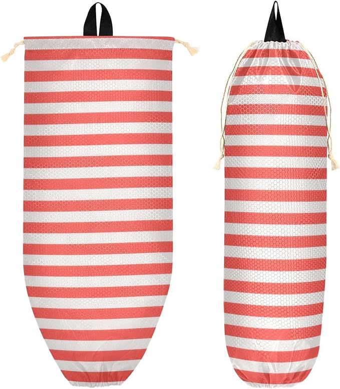 Plastic Bag Holder Wall Mount Grocery Bag Shopping Bag Storage Holder Organizer Dispenser with Adhesive Hook,for Kitchen Bathroom Home Decor 9x22 Inches Red and White Stripeds04