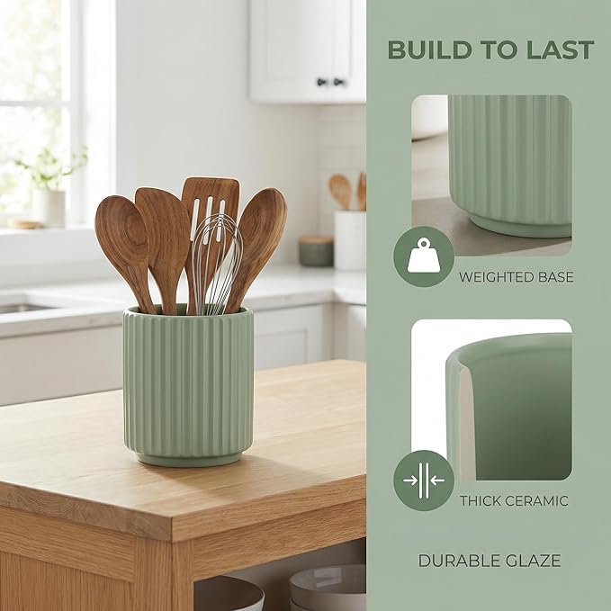 Kitchen Holder for Cooking Utensils, Kitchen Crocks for Storing Utensils (H5.51” x W4.92”), Flatware & Utensil Storage Spoon Stand Ceramic, Includes Silicone Drying Mat Milk Tea Color