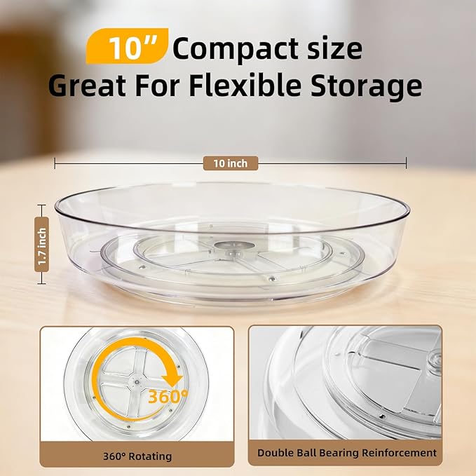 MiraFure Lazy Susan Turntable for Spice Organization | Clear BPA-Free Plastic Rotating Organizer for Kitchen Cabinet, Pantry, Countertop, Fridge | 360-Degree Rotating Base (10 inch - 4 Pack)