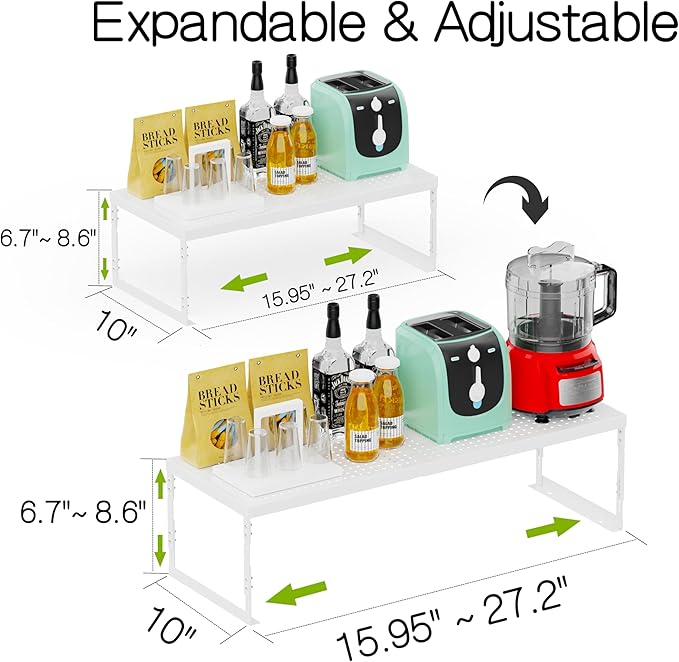 Adjustable Stackable Metal Storage Shelf Organizer - Expandable Wire Rack with Perforations for Kitchen, Pantry, Bathroom, Cabinet & Office-Compact, Durable & Sturdy (2PACKS/Large/White)