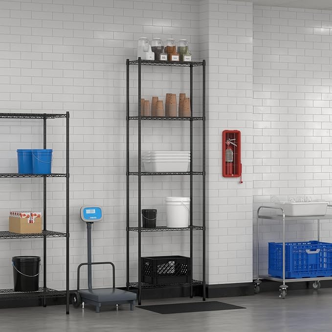 Commercial NSF Listed Black Epoxy Stationary Wire Shelving Kit 12" x 30" x 96", with 5 Shelves Perfect for Warehouse, Walk-in Refrigerator, Freezer, Grocery Store, Restaurant, Dishroom