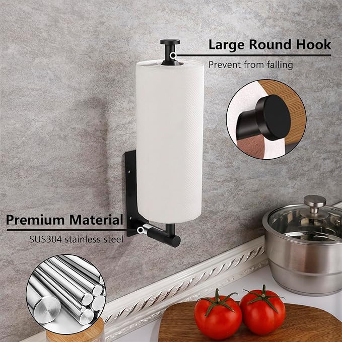Black Paper Towel Holder Under Cabinet, Single Hand Operable Wall Mount Paper Towel Roll Holder with Damping Effect, Self-Adhesive or Drilled for Kitchen Bathroom, SUS304 Stainless Steel