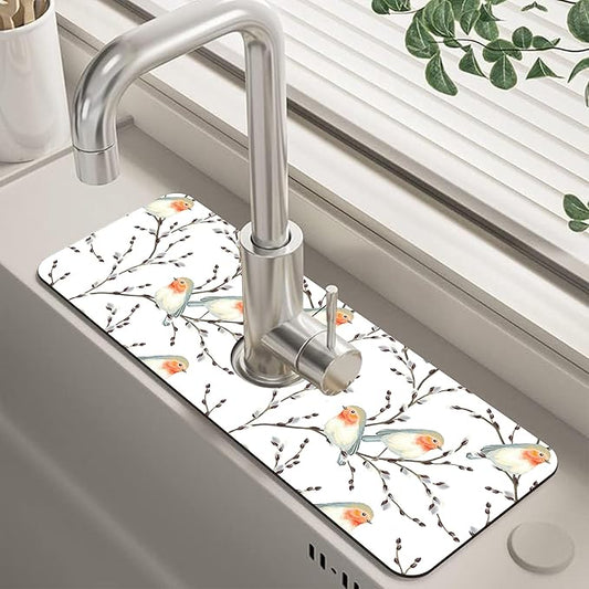 Willow Branches and Robin Dish Drying Mat for Kitchen Sink Splash Guard Behind Faucet Sink Mat Absorbent Fast Drying Faucet Draining Mat for Bathroom Kitchen 5.5"×15"