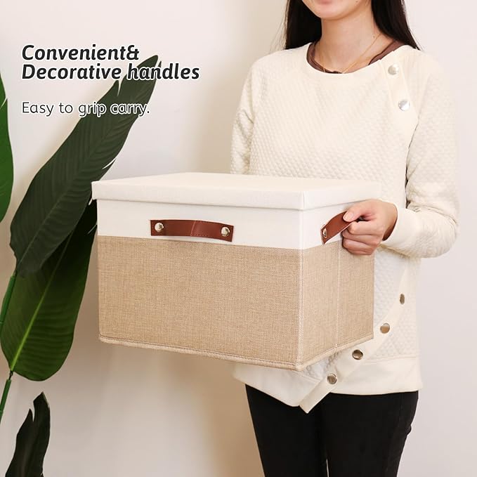 HOdo Home Fabric Storage Bin with Lid and 2 Bold Handles, Collapsible Large Canvas Storage Baskets for Organizing Shelf Nursery Home Closet (White&Yellow, 15L×11W×10H - 3Pack)