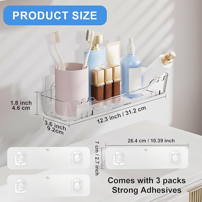 Diesisa 2pc Acrylic Adhesive Wall Shelf, Wall Mount Organizer, Bathroom Shelves for Wall, Self Organizer, No Drilling Hang Walls,with Self Adhesive Tape, for Bathroom, Kitchen, Living Room