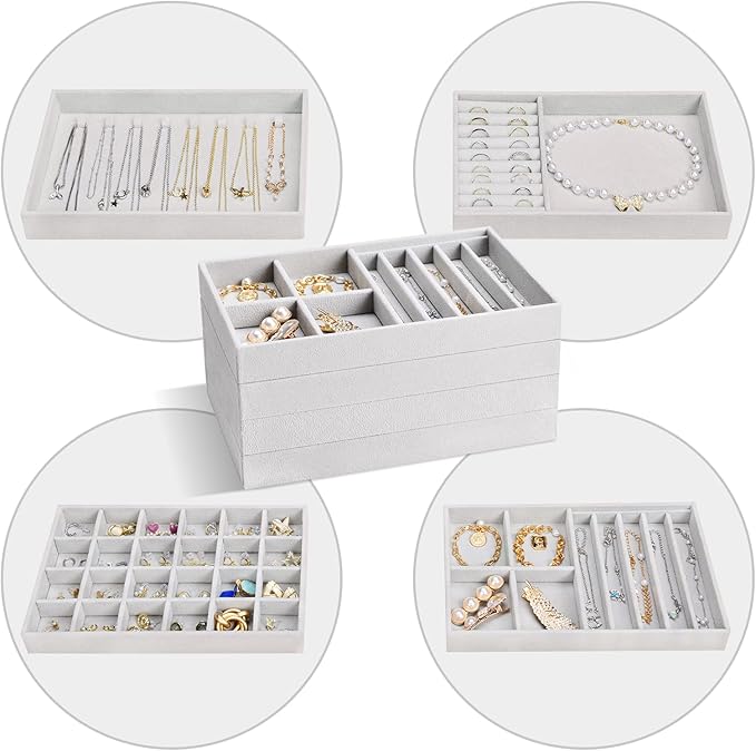 ProCase Stackable Jewelry Organizer Trays for Drawers, Jewelry Drawer Inserts Container Display Case Storage for Earring Necklace Rings Bracelet with Removable Dividers -Grey, 4 Layers