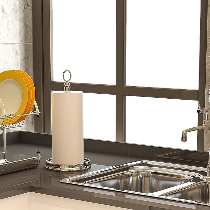 Paper Towel Holder With Heavy Weighted Base - Steel Countertop Stand for Kitchen, Bars & Dining Tables - Fits Standard & Jumbo Rolls - Brushed Nickel