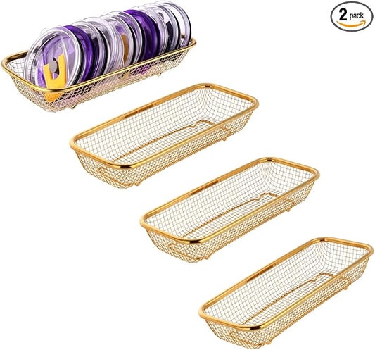 4Pack Stainless Steel Tumbler Cup Lid Organizer Inside Cabinet, Mason Jar Lid Holder, Rectangular Basket for Storage of Silverware, Chopsticks, straws and Utensils, Gold