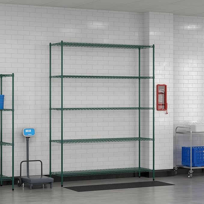 Commercial NSF Listed Green Epoxy Stationary Wire Shelving Kit 21" x 72" x 96", with 5 Shelves Perfect for Warehouse, Walk-in Refrigerator, Freezer, Grocery Store, Restaurant, Dishroom